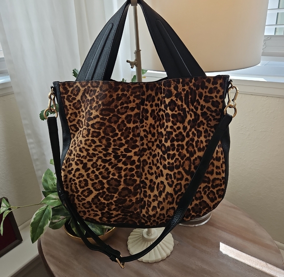 Vince Camuto Handbags - Vince Camuto Leopard Print Shoulder Bag with Black Trim